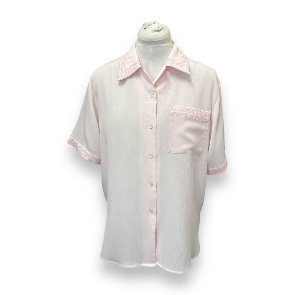 Yves St. Clair Womens Button-Up Shirt VTG 80s Lace Trim Dressy Careerwear Pink L